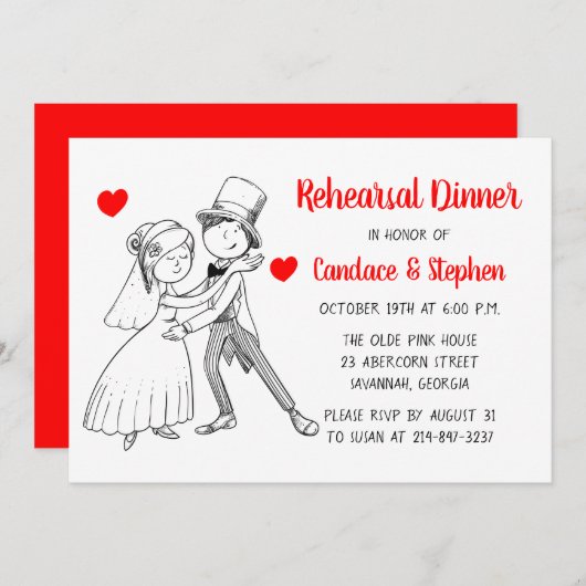 赤リハーサルのディナーマンガ新郎新婦結婚の 招待状 (正面/裏面)