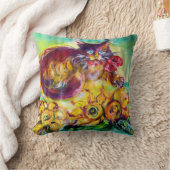 赤リボンとひまわり付き猫 クッション (ブランケット)