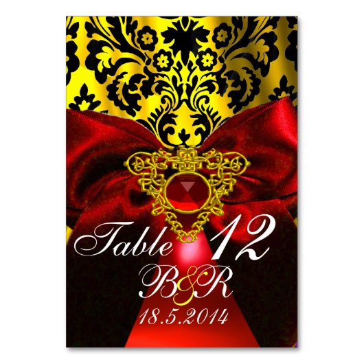 赤ルビーリボン金ゴールドケルトハートダマスモノグラム テーブルナンバー (正面)