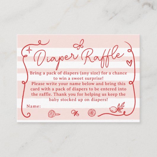 赤レトロかわいいおむつラッフルレモン赤ちゃんシャワー エンクロージャーカード (正面)