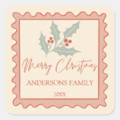 赤レトロなポストスタンプ枠メリークリスマス スクエアシール (正面)