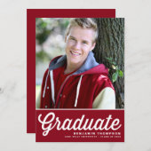 赤レトロはっきりしたタイポグラフィ写真卒業 招待状 (正面/裏面)