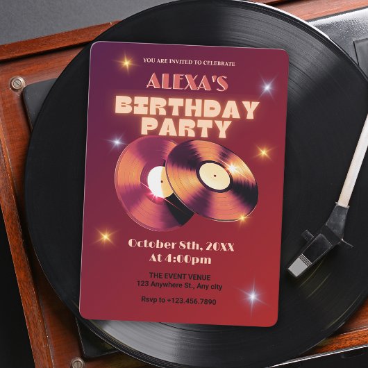 赤レトロクラシックレコードの誕生日 招待状