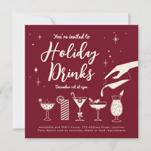 赤レトロクリスマスドリンクとカクテル招待状 招待状 (正面)