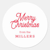 赤レトロメリークリスマスタイポグラフィオンホワイト ラウンドシール (正面)