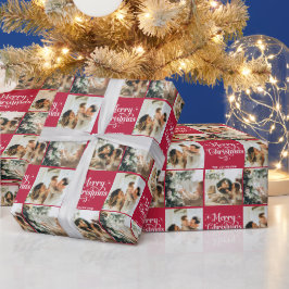 赤レトロメリークリスマスファミリー3フォトコラージュ ラッピングペーパー
