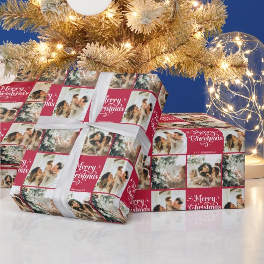 赤レトロメリークリスマスファミリー3フォトコラージュ ラッピングペーパー (クリスマス)