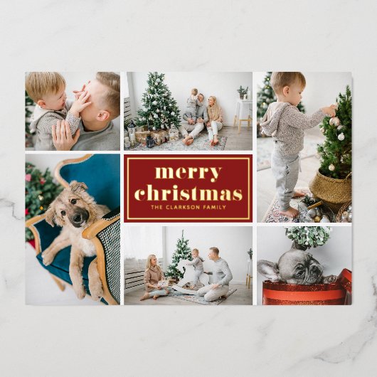 赤レトロメリークリスマスフォトコラージュ 箔シーズンカード (正面)