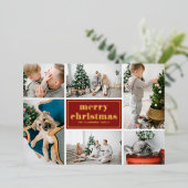 赤レトロメリークリスマスフォトコラージュ 箔シーズンカード (立ち正面)