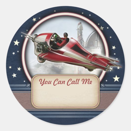 赤レトロロケット名タグステッカー ラウンドシール (正面)