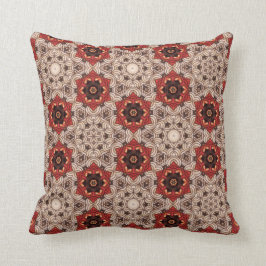 赤レンガ色の暗灰色及びブラウンの様式化された花及び星 クッション