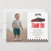 赤レーサーレースカーカスタムフォトバースデーパーティー サンキューカード (正面)