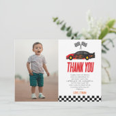赤レーサーレースカーカスタムフォトバースデーパーティー サンキューカード (スタンド正面)