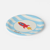 赤ロケット宇宙船；ライトブルーストライプ ペーパープレート (アングル)