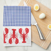 赤ロブスターブルーホワイトギンガムコースタルトラベル キッチンタオル (四つ折り)