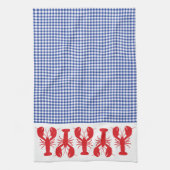 赤ロブスターブルーホワイトギンガムコースタルトラベル キッチンタオル (縦)