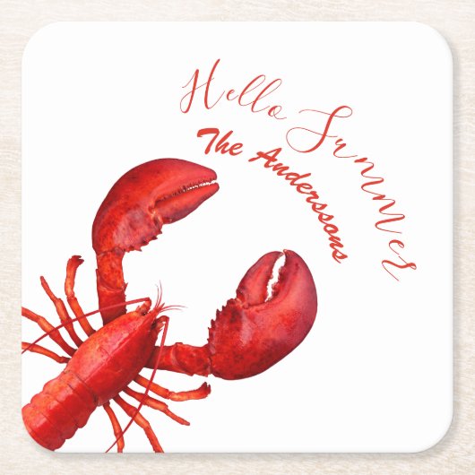 赤ロブスター白い夏の名前パーティー スクエアペーパーコースター (正面)