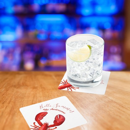 赤ロブスター白い夏の名前パーティー スクエアペーパーコースター