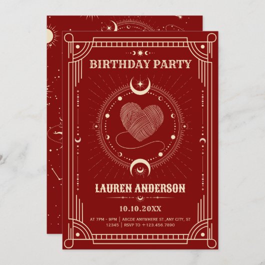 赤ロマンスタロットボーホミスティックムーンバースデー 招待状 (正面/裏面)