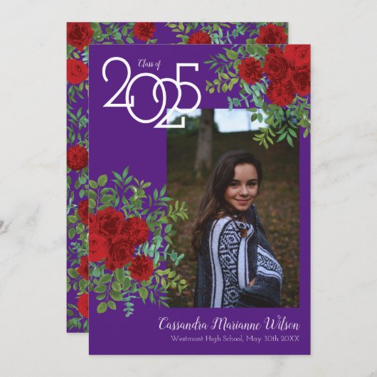 赤ローズパープル写真卒業発表 招待状 (正面/裏面)