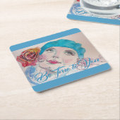 赤ローズベレーウォーター色コースター付き女の子 スクエアペーパーコースター (アングル)