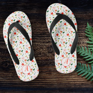 赤ワイルドフラワーパターンガールイニシャル キッズビーチサンダル