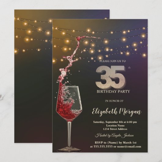 赤ワインのストリングライト 35歳の誕生日パーティー 招待状 (正面/裏面)