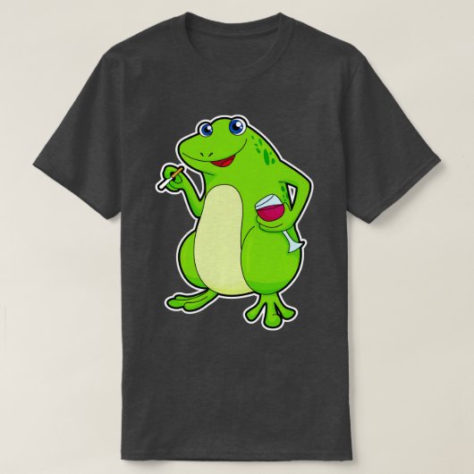 赤ワインのタバコをグラスに入れたカエル Tシャツ (デザイン正面)