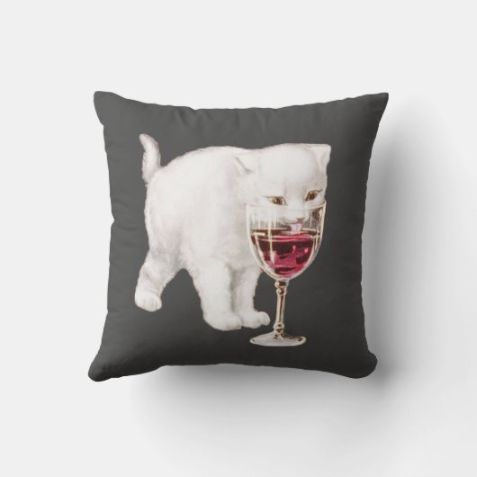 赤ワインの芸術の引用文を飲んでいるヴィンテージの白い子ネコ クッション (裏面)