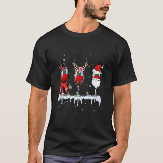 赤ワインの3つのガラスのドリンカークリスマスライトS Tシャツ (正面)