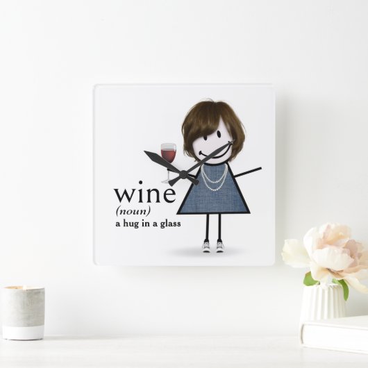 赤ワインを付けたスティックフィギュアの女の子 スクエア壁時計 (ホーム)