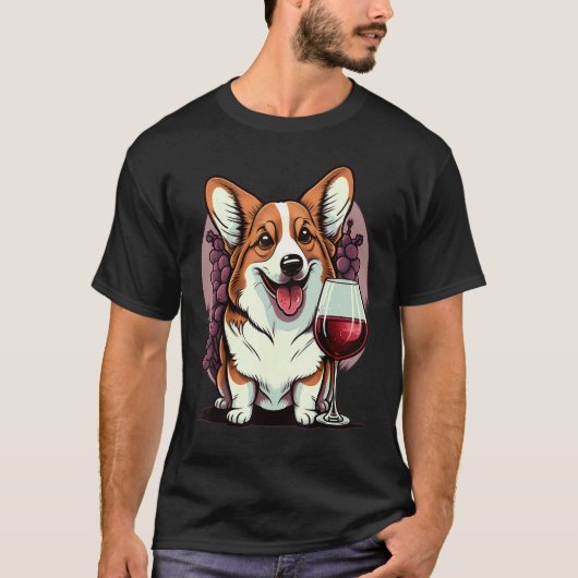 赤ワインを飲むウェルシュ・コーギー Tシャツ (正面)