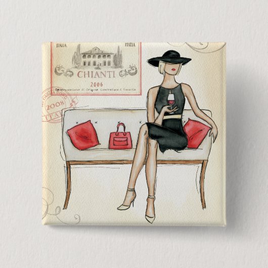赤ワインを飲んでいる女性 缶バッジ (正面)