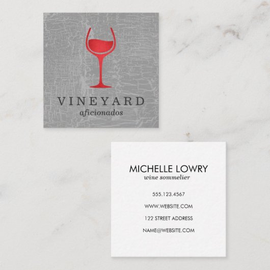 赤ワイングラスで灰色のテクスチャ スクエア名刺 (正面/裏面)