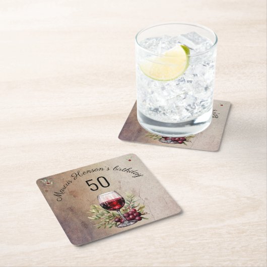 赤ワイングラスのオリーブウォーター色50誕生日 スクエアペーパーコースター (インサイチュ)