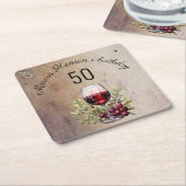 赤ワイングラスのオリーブウォーター色50誕生日 スクエアペーパーコースター (アングル)