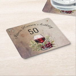 赤ワイングラスのオリーブウォーター色50誕生日 スクエアペーパーコースター