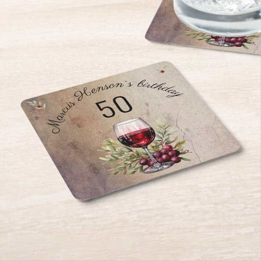 赤ワイングラスのオリーブウォーター色50誕生日 スクエアペーパーコースター (アングル)