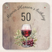 赤ワイングラスのオリーブウォーター色50誕生日 スクエアペーパーコースター (正面)