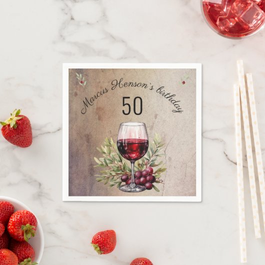赤ワイングラスのオリーブウォーター色50誕生日 スタンダードカクテルナプキン (インサイチュ)