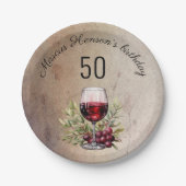 赤ワイングラスのオリーブウォーター色50誕生日 ペーパープレート (正面)