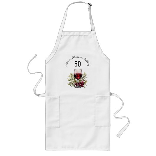 赤ワイングラスのオリーブウォーター色50誕生日 ロングエプロン (正面)