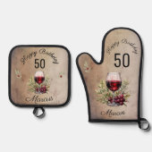 赤ワイングラスのオリーブウォーター色50誕生日 鍋つかみ&鍋敷きセット (正面)