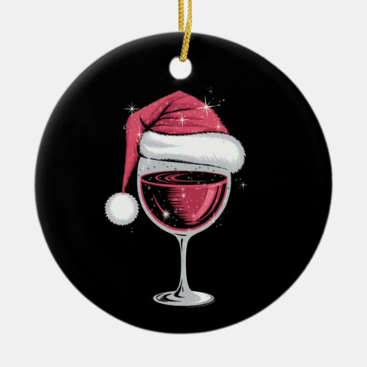 赤ワイングラスのクリスマスおもしろいクリスマス セラミックオーナメント (正面)