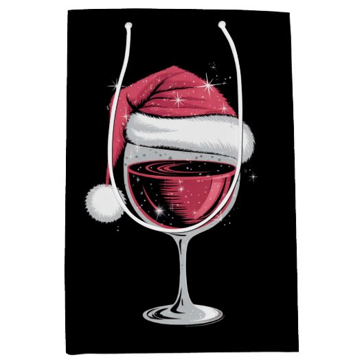 赤ワイングラスのクリスマスおもしろいクリスマス ミディアムペーパーバッグ (正面)