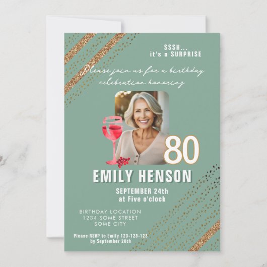 赤ワイングラスグリッター誕生日パーティー写真 招待状 (正面)