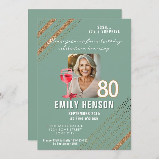 赤ワイングラスグリッター誕生日パーティー写真 招待状 (正面/裏面)