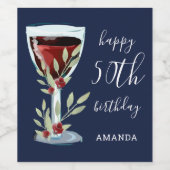 赤ワイングラスバラ水彩ブルー50誕生日 ワインラベル (シングルラベル)