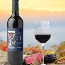 赤ワイングラスバラ水彩ブルー50誕生日