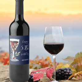 赤ワイングラスバラ水彩ブルー50誕生日 ワインラベル